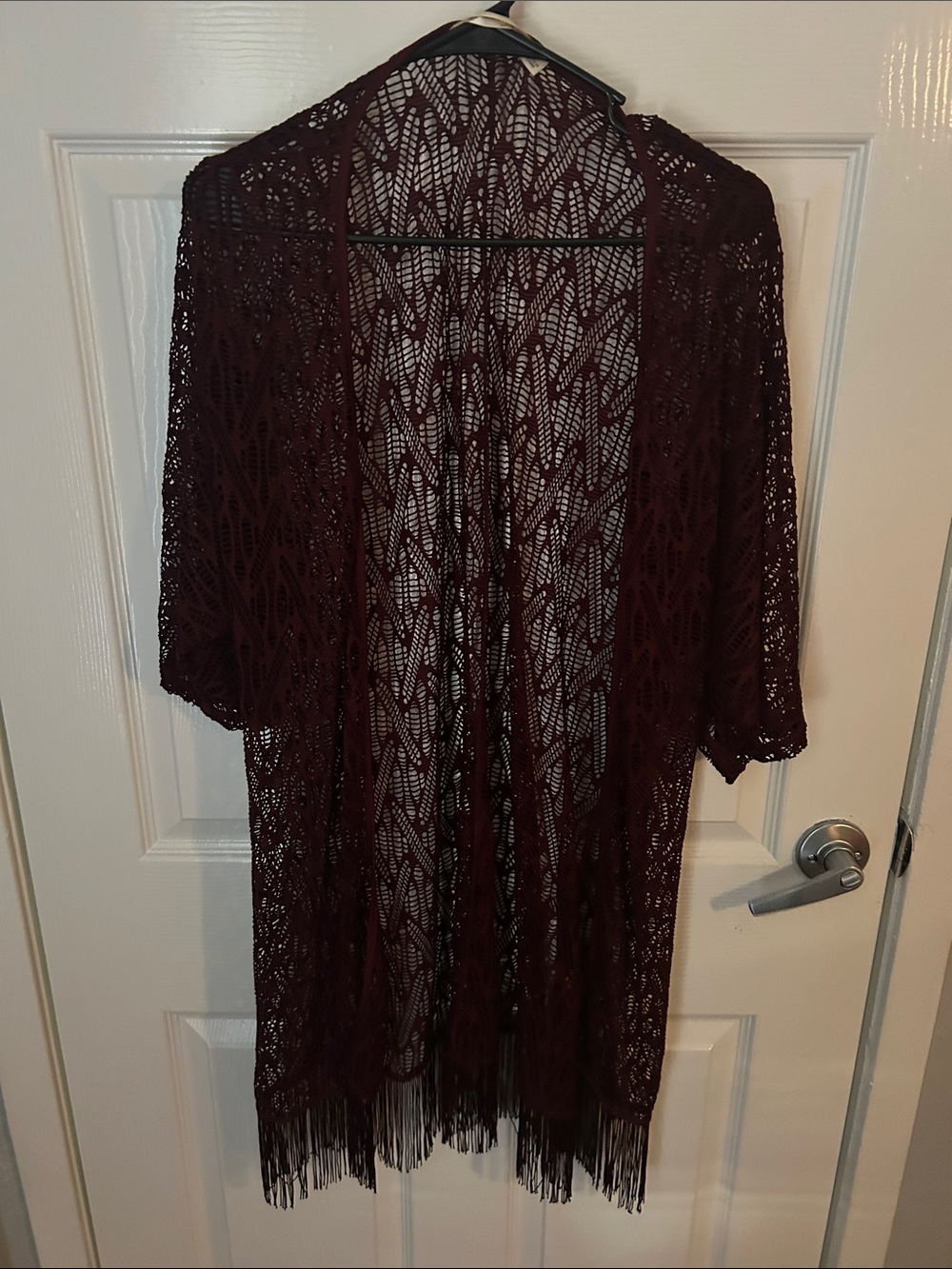 Liberty Love Burgundy Crochet Kimono with Fringe Trim